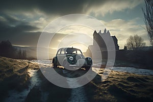 Vintage car in a winters countryside setting with snow and old castle ruins. - ai generated art