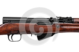 Vintage carabiner with a wooden butt. Semi-automatic hunting rifle with a rifled barrel and a wooden butt isolated on white