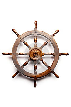 Vintage caravel ship helm. Ship\'s rudder or steering wheel on white background. Ai generative