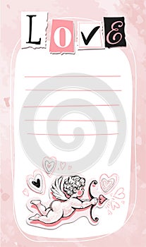 Vintage card with cupid with copy space for text, word love. Valentine s day template design, anniversary invitation