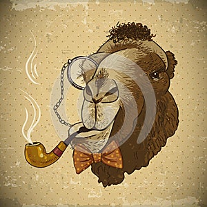 Vintage Card Hipster Animal Camel with pipe
