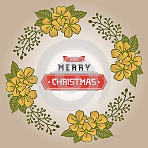 Vintage card merry christmas happy holiday, with shape pattern of leaf flower frame. Vector