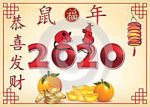 Vintage card for print: Happy Chinese New Year of the Metal Rat 2020