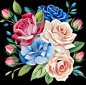 Vintage card with roses red blue and pink on a white background.