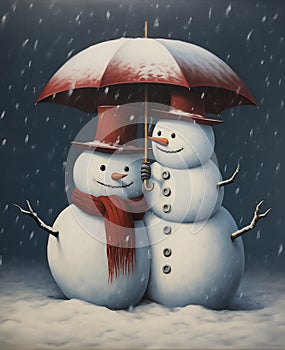 vintage card of two snowmen under an umbrella 2