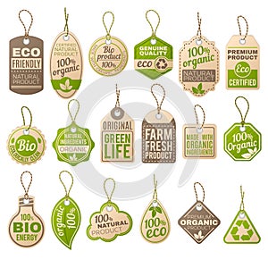 Vintage cardboard eco price tags. Shop organic bio farm vector paper labels