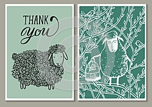 Vintage cards. Hand lettering words thank you And a lovely spring Openwork lamb in flowers and Sweet Sheep With a cage