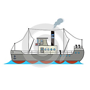 Vintage cargo ship in cartoon style on white background