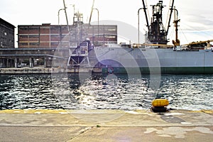 Vintage cargo vessel at dock