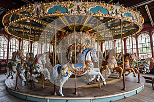 a vintage carousel, with colorful horses and chariots, spinning in the breeze