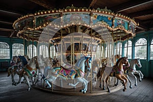 a vintage carousel, with colorful horses and chariots, spinning in the breeze