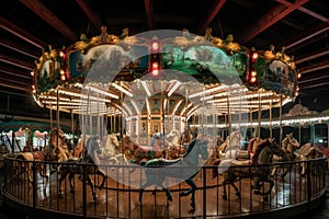 vintage carousel, with horses and chariots that move up and down, surrounded by colorful lights