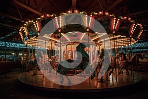 vintage carousel, with horses and chariots that move up and down, surrounded by colorful lights