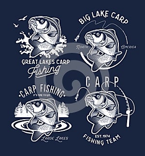 Vintage Carp Fishing Emblems and Labels. . Vector illustration.