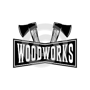 Vintage carpentry woodword mechanic woodworks form axes. Can be used like emblem, logo, badge, label. mark, poster or print.