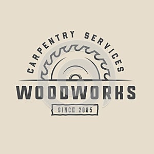 Vintage carpentry, woodwork and mechanic label, badge, emblem and logo. Vector illustration.