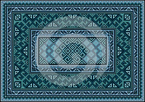 Vintage carpet with ethnic ornament in green and blue shades