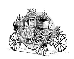 Vintage carriage retro, sketch drawn in ink.