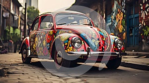 Vintage Cars Adorned with Creative Graffiti in a Park - AI Generated