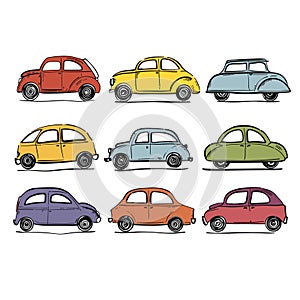 Vintage cars colorful collection isolated white background. Hand-drawn classic automobiles various photo