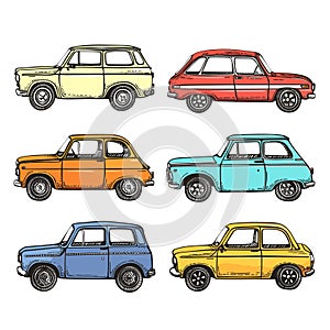 Vintage cars handdrawn colored sketches isolated white background. Classic automobiles collection photo