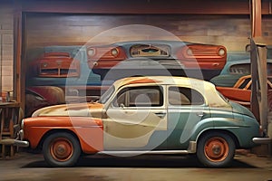 Vintage cars in a museum. Retro car. 3D rendering photo