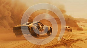 Vintage cars race in post-apocalyptic world, old vehicles drive on desert like fantastic movie. Concept of fantasy, dystopia,