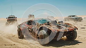 Vintage cars race in post-apocalyptic world, old vehicles drive on desert like fantastic movie scene. Concept of fantasy, dystopia