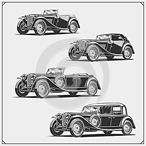 Vintage cars set. Retro cars garage. Classic muscle cars labels, emblems and design elements.