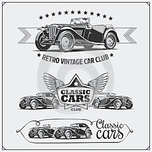 Vintage cars set. Retro cars garage. Classic muscle cars labels, emblems and design elements.