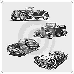 Vintage cars set. Retro cars garage. Classic muscle cars labels, emblems and design elements.