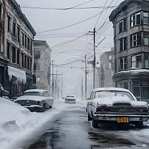 Vintage Cars on Snowy Foggy Street in an Old Urban Neighborhood