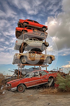 Vintage cars stacked in decay, showcasing rust and patina against a sunset sky.