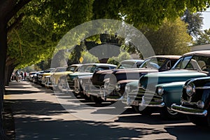 vintage cars and trucks parked in orderly row at car show