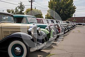 vintage cars and trucks parked in orderly row at car show