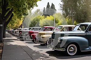 vintage cars and trucks parked in orderly row at car show