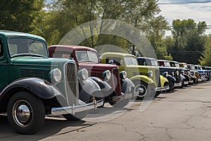 vintage cars and trucks parked in orderly row at car show