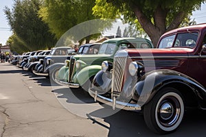 vintage cars and trucks, parked in row at car show