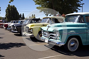 vintage cars and trucks, parked in row at car show