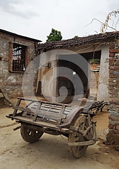 A vintage cart wheel in Piplaj Village near Ajmer, Rajasthan, India