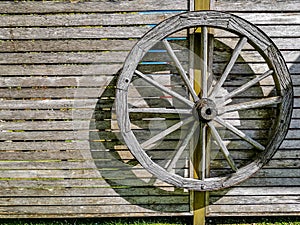 A vintage cart wheel on an unpainted wooden garden screen