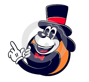 Vintage cartoon dog with top hat and pointing finger vector illustration