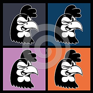 Vintage cartoon. four images of smiling and winking retro rooster character on colorful squares