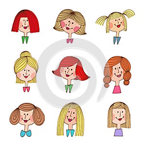 Vintage cartoon girls with various hair styles