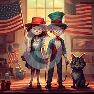 Vintage cartoons celebrating the US Independence Day. 4th July celebrations concept illustration. Generative AI