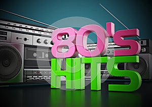 Vintage cassette player and 80`s hits text. 3D illustration