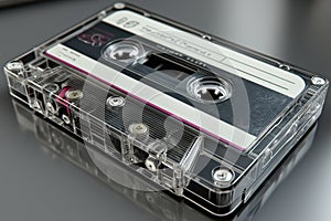 Retro audio cassette lies still, its spools frozen in nostalgic quiet photo