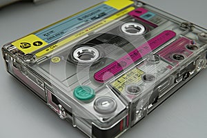 Retro audio cassette lies still, its spools frozen in nostalgic quiet photo