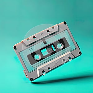 Vintage cassette tape isolated on turquoise background.