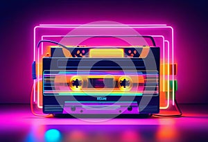 Vintage cassette tape player in neon light. 90s advertisement style. Disco party nostalgy concept